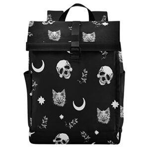 cbbyy travel roll top skull cat moon backpack for men, expandable waterproof trendy laptop backpack