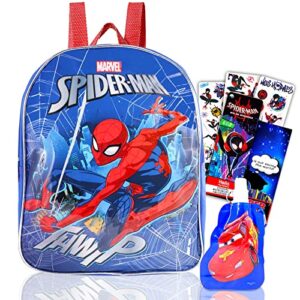 marvel spiderman backpack for kids school - bundle with ultimate spiderman backpack, water pouch, spiderverse stickers and more (superhero backpacks for boys)