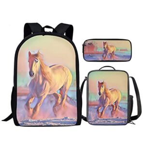 huiacong horse 3 in 1 school bookbags set for kids, 17 inch backpack+thermal lunch box+small pencil case for boys girls book bag, tie dye pink print