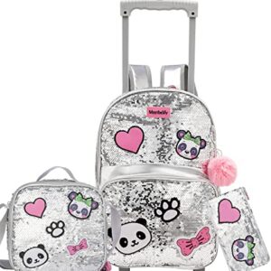 JSMNIAI Girls Rolling Backpack Sequin Panda Rolling Wheels Backpacks for Elementary Preschool Roller Luggage with Lunch Box