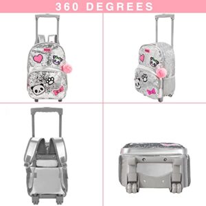 JSMNIAI Girls Rolling Backpack Sequin Panda Rolling Wheels Backpacks for Elementary Preschool Roller Luggage with Lunch Box