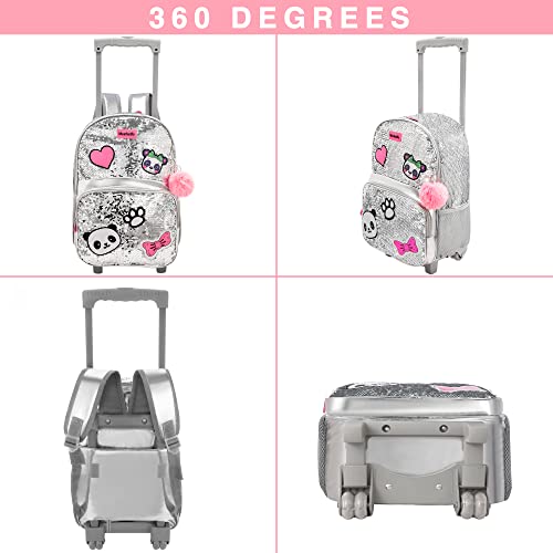 JSMNIAI Girls Rolling Backpack Sequin Panda Rolling Wheels Backpacks for Elementary Preschool Roller Luggage with Lunch Box