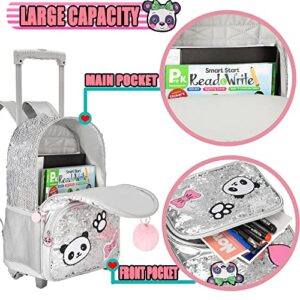 JSMNIAI Girls Rolling Backpack Sequin Panda Rolling Wheels Backpacks for Elementary Preschool Roller Luggage with Lunch Box
