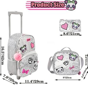 JSMNIAI Girls Rolling Backpack Sequin Panda Rolling Wheels Backpacks for Elementary Preschool Roller Luggage with Lunch Box