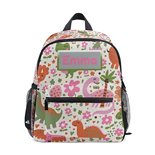 Aflyko Custom Name Cartoon Dino Pink Green Kids Backpack Personalized Daycare Bookbag Kindergarten Daypack for Toddler Girls Boys 10" × 4" × 12"