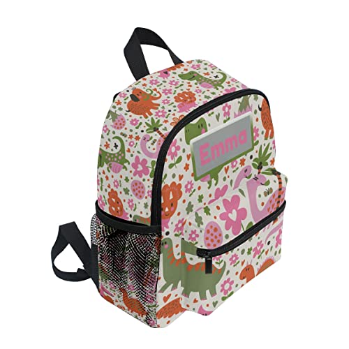 Aflyko Custom Name Cartoon Dino Pink Green Kids Backpack Personalized Daycare Bookbag Kindergarten Daypack for Toddler Girls Boys 10" × 4" × 12"