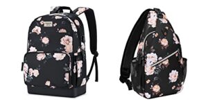 mosiso 15.6-16 inch laptop backpack&sling backpack for women, polyester anti-theft casual daypack bag with luggage strap&usb charging port, camellia travel business bag, black