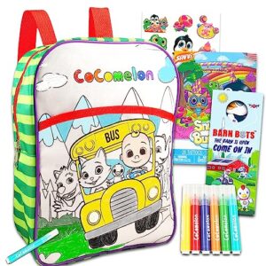 cocomelon mini backpack for toddlers set - bundle with 12” cocomelon color your own backpack, more | cocomelon diy color backpack for boys girls