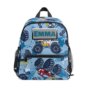 aflyko custom name kids backpack blue monster truck personalized daycare bookbag kindergarten daypack for toddler girls boys 10" × 4" × 12"
