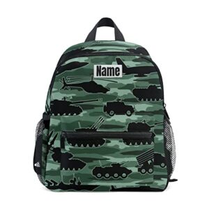 glaphy custom kid's name backpack, green camo tank plane toddler backpack for daycare travel, personalized name preschool bookbags for boys girls kids