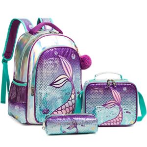 egchescebo girls mermaid backpack school bookbag for girls kids bling school elementary backpacks for girls 16" 3pcs black backpack with lunch box set purple