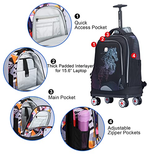 UNIKER Rolling Backpack with Wheels for Travel, Carry-On Spinner Luggage, Roller Bookbag for Girl Boy, Wheeled Laptop Bag Fits 15.6 Inch Notebook, Horse