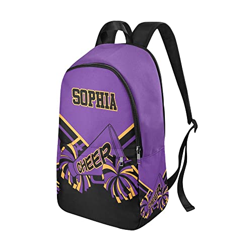 CUXWEOT Personalized Cheer Cheerleader Purple Gold Backpack with Name Custom Travel Bag for women Men