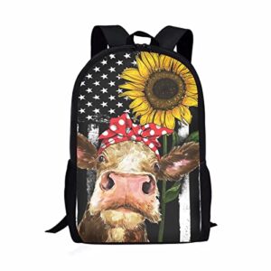 seanative children school backpack cute cow american sunflower flag funny print kids shoulder bookbag travel casual daypack