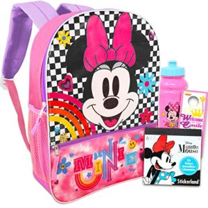 minnie mouse backpack for girls set - 4 pc bundle with minnie backpack, stickers, water bottle, more | minnie school backpack)