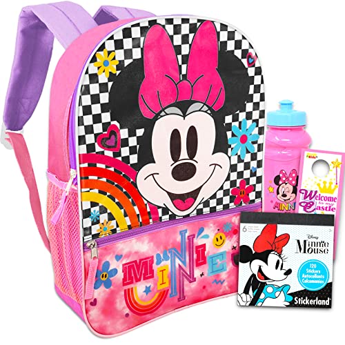 Minnie Mouse Backpack for Girls Set - 4 Pc Bundle with Minnie Backpack, Stickers, Water Bottle, More | Minnie School Backpack)