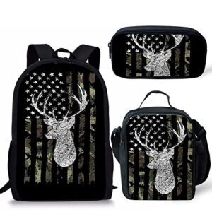 fkelyi american flag deer hunting camo school bags for kids girls boys army green shoulder backpack preschool bookbag with lunch box pencil case