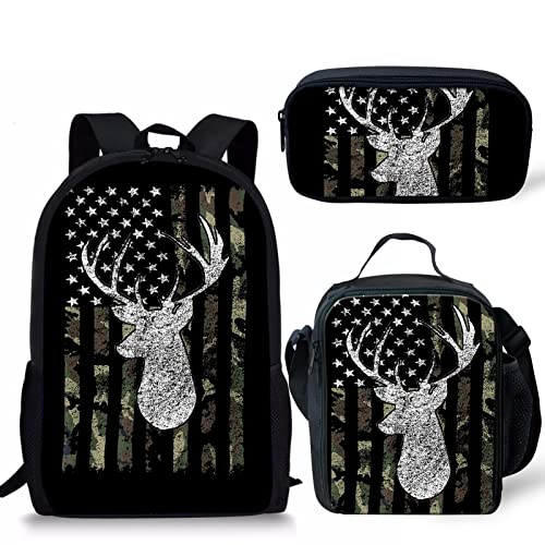 FKELYI American Flag Deer Hunting Camo School Bags for Kids Girls Boys Army Green Shoulder Backpack Preschool Bookbag with Lunch Box Pencil Case