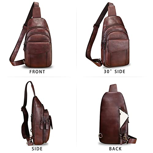 LRTO Genuine Leather Sling Bag Crossbody Motorcycle Bag Handmade Chest Bag Hiking Daypack Retro Shoulder Backpack (Coffee)