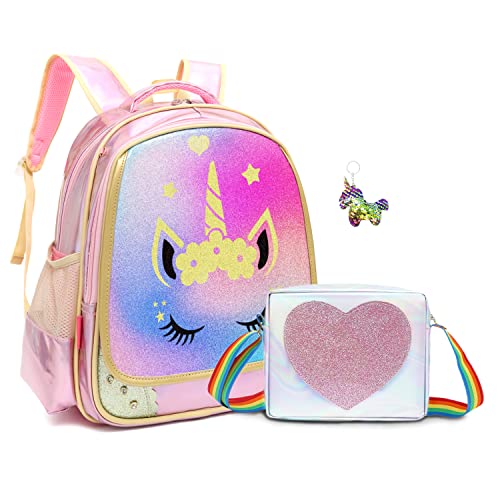 Mloovnemo Girls Elementary Primary School Bag Unicorn Backpack Diamond Glitter Princess School Backpack Large Capacity (Large, Pink Unicorn with sequins lunch bag)