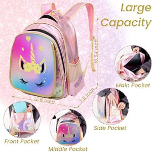 Mloovnemo Girls Elementary Primary School Bag Unicorn Backpack Diamond Glitter Princess School Backpack Large Capacity (Large, Pink Unicorn with sequins lunch bag)