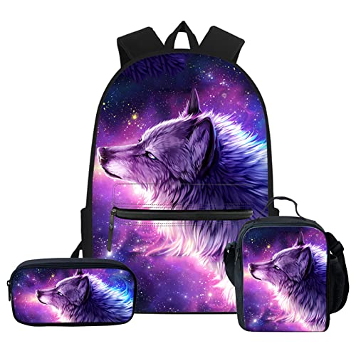 Upetstory Kids Galaxy Wolf School Backpack Teen Girls Boys Schoolbag Set with Lunch Bag Pencil Case Preschooler Primary Student Book Bag Children Daypack Bagpack