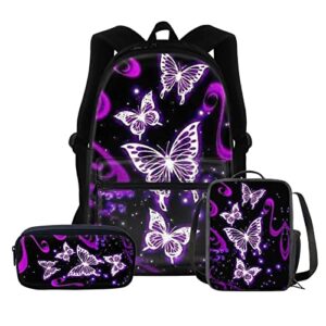 upetstory purple butterfly school backpack set girly schoolbag for kids teen girls book bag sets with lunch box pencil purse primary preschool kindergarten toddler daypack 3pcs