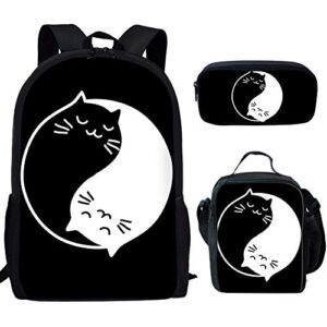 biyejit children backpack black yin yang cats kitten print kids school bag set with lunch container box pencil case 3 piece for boys girls