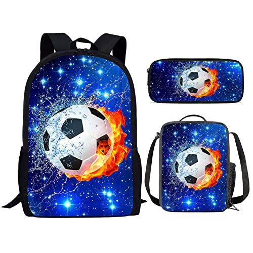 ZFRXIGN Galaxy Football School Backpack Sets with Lunch Box Student Kids School Bookbag boys Girls Rucksack Pencil Case Blue Fire and Water Soccer