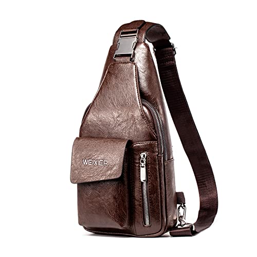 FANDARE Retro Sling Chest Bag Lightweight Shoulder Crossbody Backpack Men Business Casual Daypacks for Outdoor Travel Work Hiking Running Indoor Activities Waterproof PU Leather Dark Brown