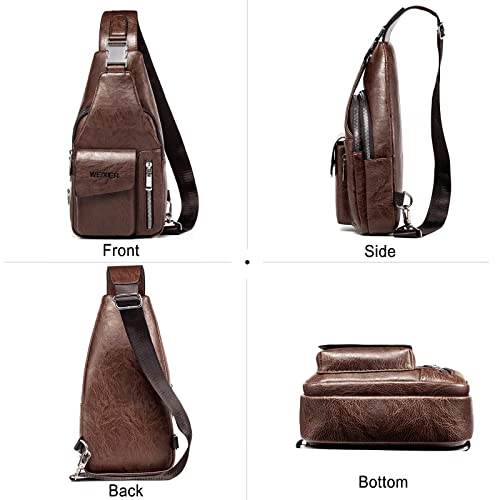 FANDARE Retro Sling Chest Bag Lightweight Shoulder Crossbody Backpack Men Business Casual Daypacks for Outdoor Travel Work Hiking Running Indoor Activities Waterproof PU Leather Dark Brown