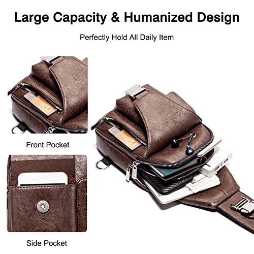 FANDARE Retro Sling Chest Bag Lightweight Shoulder Crossbody Backpack Men Business Casual Daypacks for Outdoor Travel Work Hiking Running Indoor Activities Waterproof PU Leather Dark Brown