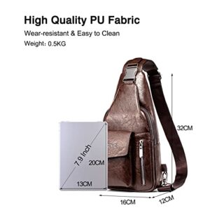 FANDARE Retro Sling Chest Bag Lightweight Shoulder Crossbody Backpack Men Business Casual Daypacks for Outdoor Travel Work Hiking Running Indoor Activities Waterproof PU Leather Dark Brown