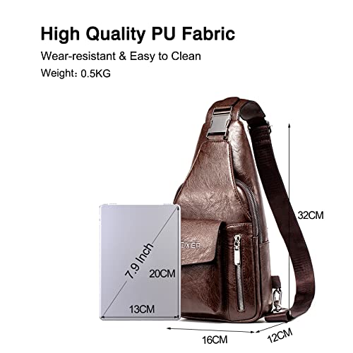 FANDARE Retro Sling Chest Bag Lightweight Shoulder Crossbody Backpack Men Business Casual Daypacks for Outdoor Travel Work Hiking Running Indoor Activities Waterproof PU Leather Dark Brown