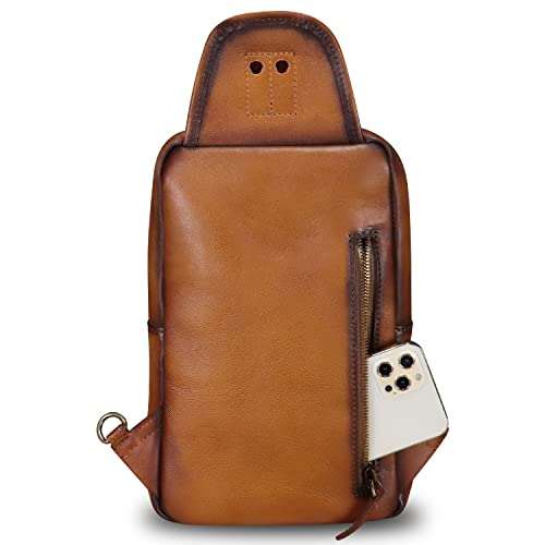 LRTO Genuine Leather Sling Bag Crossbody Motorcycle Bag Handmade Hiking Chest Daypack Retro Shoulder Backpack (Brown)