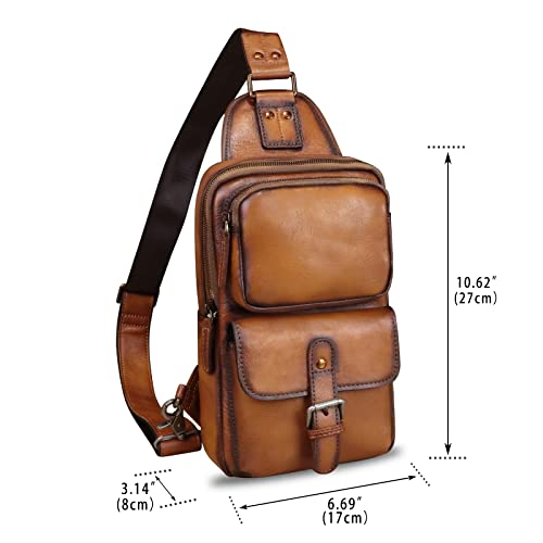 LRTO Genuine Leather Sling Bag Crossbody Motorcycle Bag Handmade Hiking Chest Daypack Retro Shoulder Backpack (Brown)