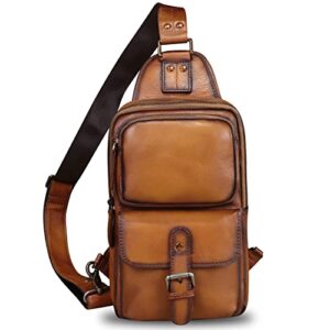 LRTO Genuine Leather Sling Bag Crossbody Motorcycle Bag Handmade Hiking Chest Daypack Retro Shoulder Backpack (Brown)