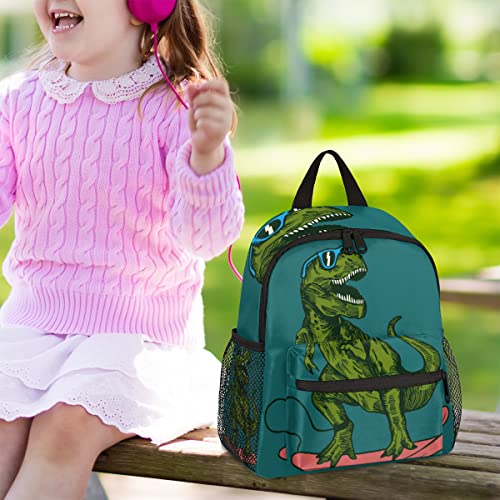 Skateboard Dinosaur Kid's Backpack Green Toddler Bag with Chest Clip Schoolbag for Girl Boy Preschool Kindergarten Student Bookbag Children Bag Travel Daypack