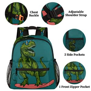 Skateboard Dinosaur Kid's Backpack Green Toddler Bag with Chest Clip Schoolbag for Girl Boy Preschool Kindergarten Student Bookbag Children Bag Travel Daypack