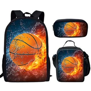 biyejit fire and water basketball print children backpack school bag set of 3 with lunchbox pencil case for boys girls