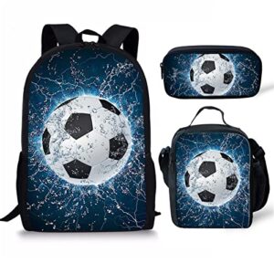 wanyint football soccer water and lightning print backpack for kids elementary bookbag with lunch box pencil case navy blue lightweight school daypack for kids boys girls