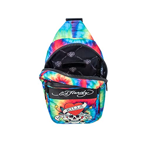 ED HARDY Unisex Skull On Rainbow Nylon Sling Bag With Adjustable And Removable Shoulder Strap