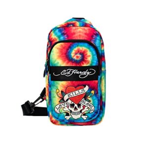 ed hardy unisex skull on rainbow nylon sling bag with adjustable and removable shoulder strap