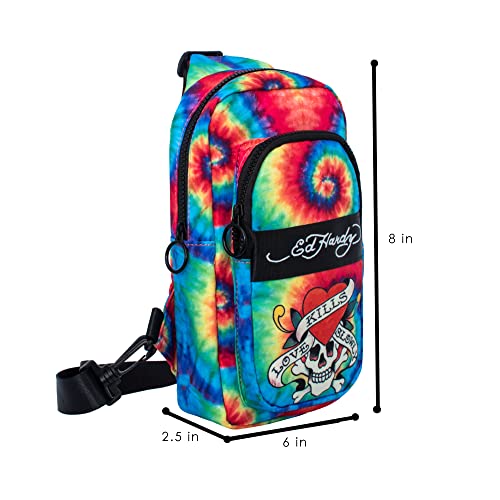 ED HARDY Unisex Skull On Rainbow Nylon Sling Bag With Adjustable And Removable Shoulder Strap