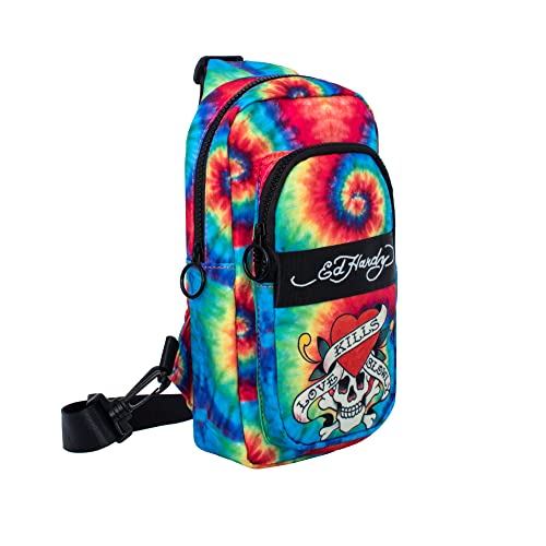 ED HARDY Unisex Skull On Rainbow Nylon Sling Bag With Adjustable And Removable Shoulder Strap