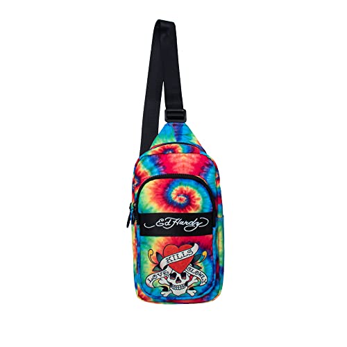 ED HARDY Unisex Skull On Rainbow Nylon Sling Bag With Adjustable And Removable Shoulder Strap