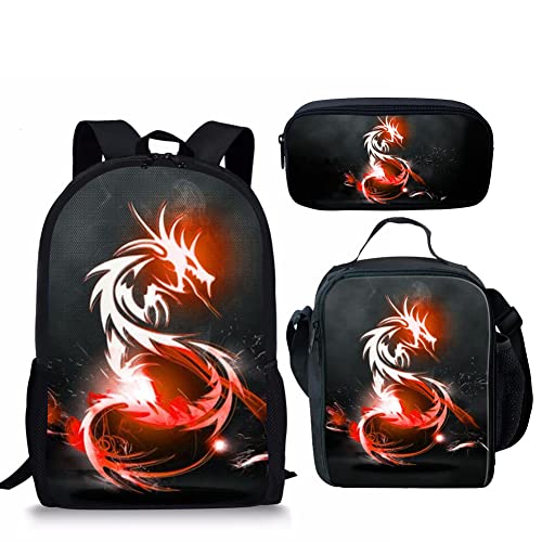 Beginterest Cool School Backpack for Girls Boys Kids Red Flame Dragon Print Backpack Set 3 Pieces with Lunch Box Pencil Case