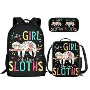 hugs idea just a girl who loves sloth print kids backpack with small lunch tote bag & pencil case zipper closure girls boys teens shoulder bookbag rucksacks