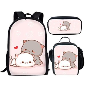 Ystardream Cute Cat School Backpack for Teen Girls Kawaii Bookbag with Lunch Boxes Pencil Case 3Pcs for School Office Lightweight Outdoor Travel Mountaineering Bag