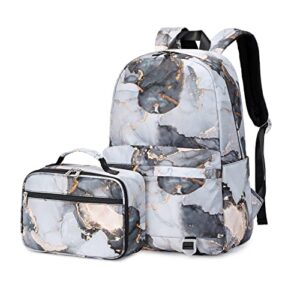 wuudwalk girls school bag kids' backpacks fashion backpack teens bookbag set,tie dye printed marble pattern backpack with lunch bag (printed marbling of black)